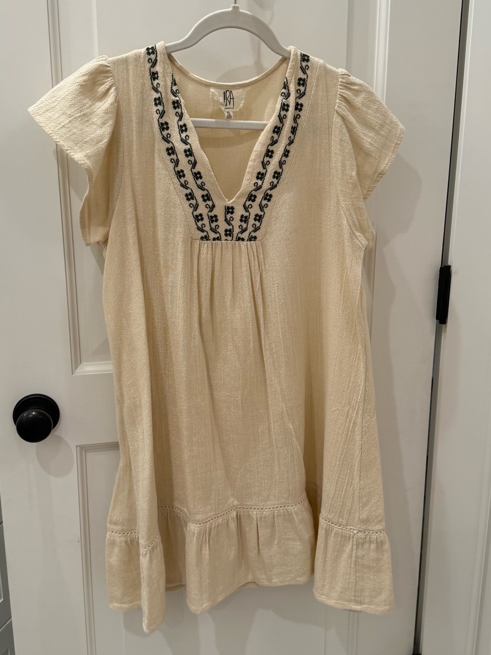 Anthropologie Cream Knit Gauze Dress with Green Embroidery